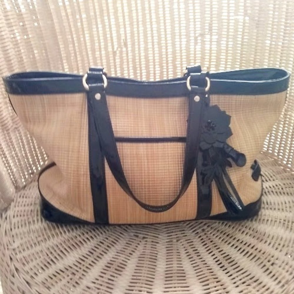 Serena Jitney Rattan Tote with Patent Trim